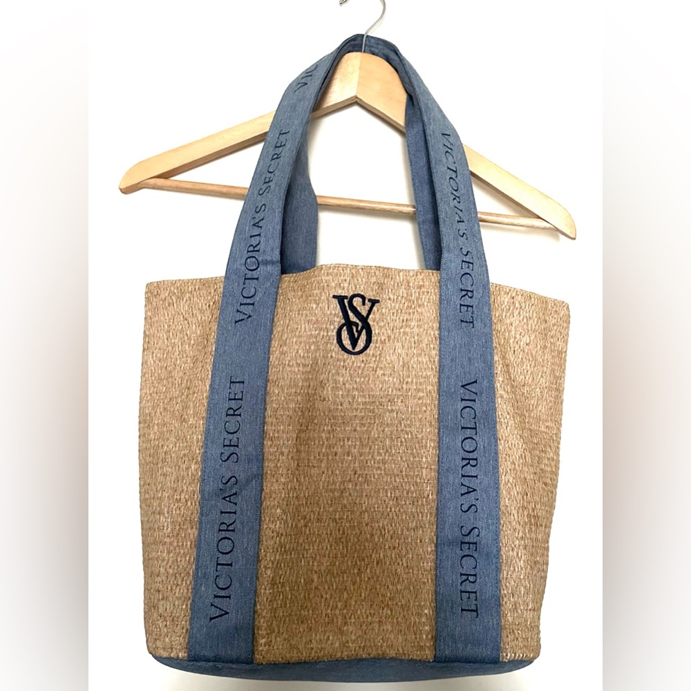 Victoria's Secret Beige Tote with‎ Denim Blue Straps Beach Weekender Travel